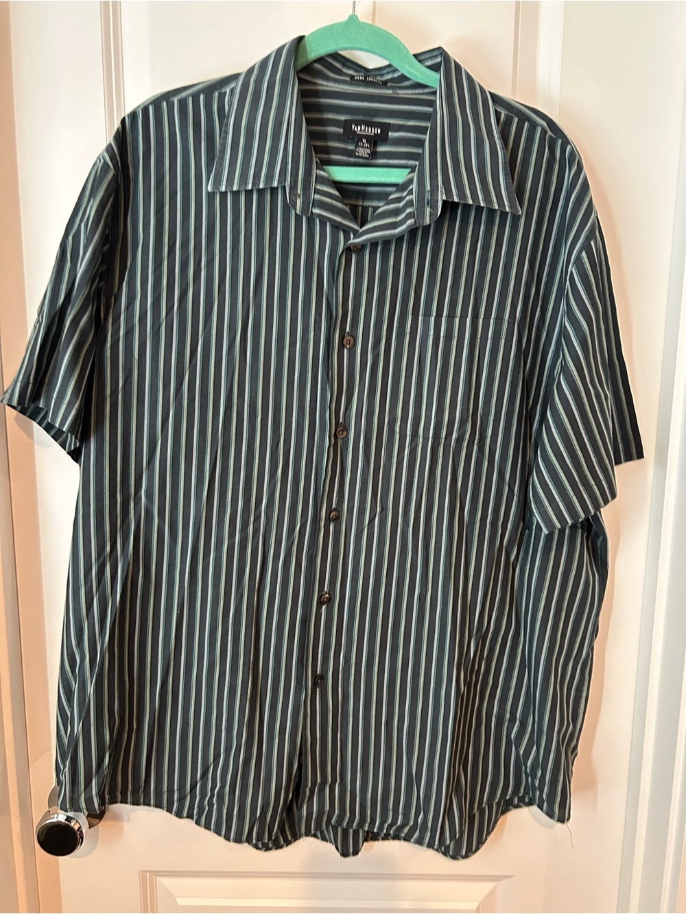 Van Heusen Blue and Green Stripe Short-Sleeve Button-Up Shirt
